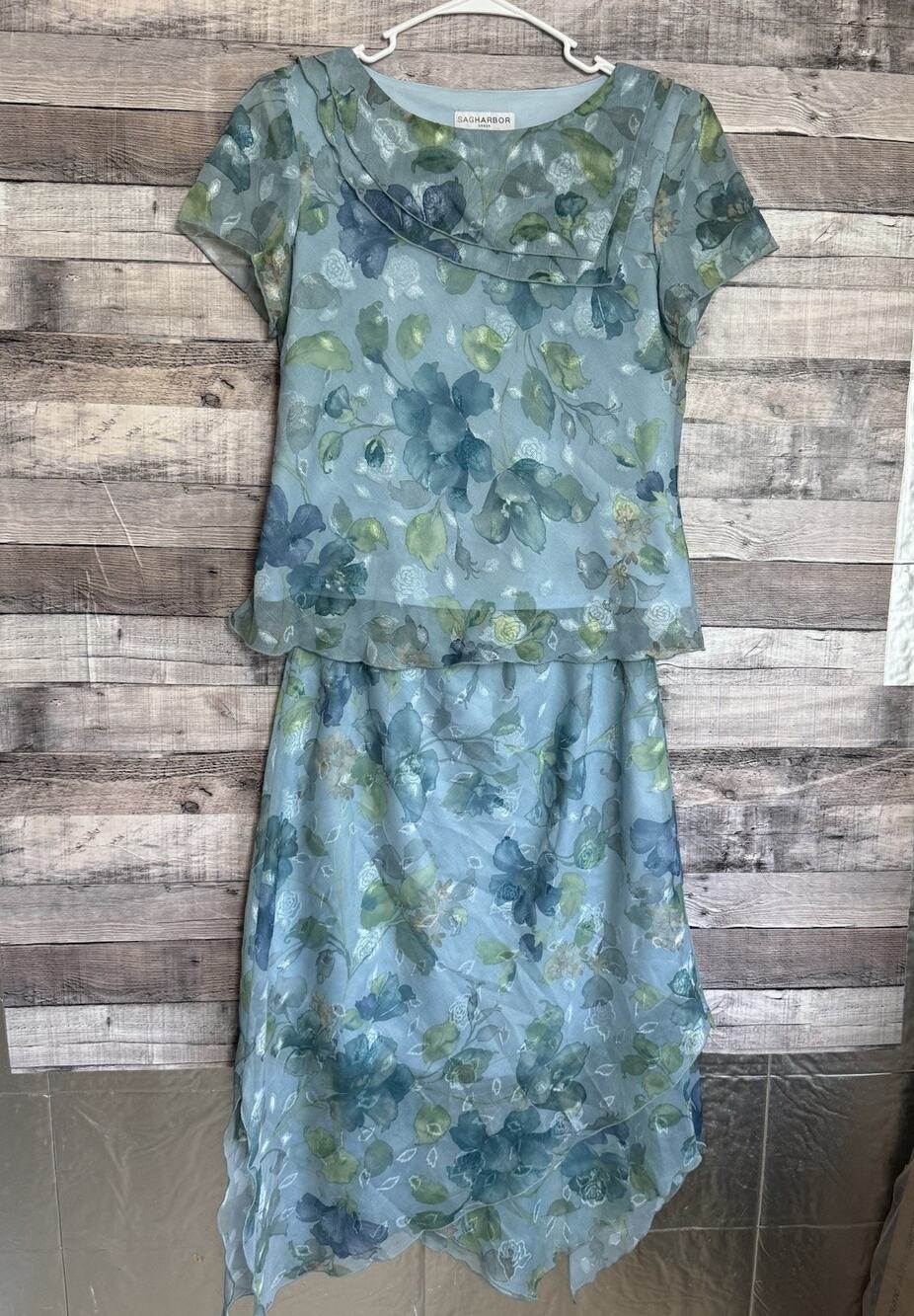 Sag Harbor Sz 12 Blue Green Chiffon Lined Floral Blouse Skirt Cottagecore VTG